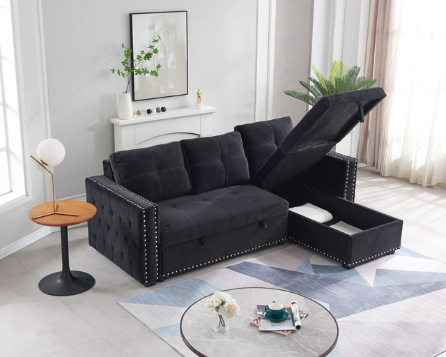 Sectional sofa with pulled out bed, 2 seats sofa and reversible chaise with storage, both hands with copper nail, BLACK, (91" x 64" x 37")