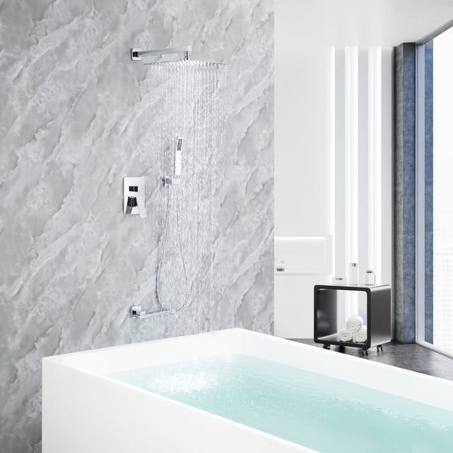 Rainfall 10 inch Shower System Bathroom Luxury Rain Mixer Silver Shower Combo Set Wall Mounted Shower Head Systems with High Pressure Head Hand Held Square Shower Head Polished Chrome Rough-in Valve