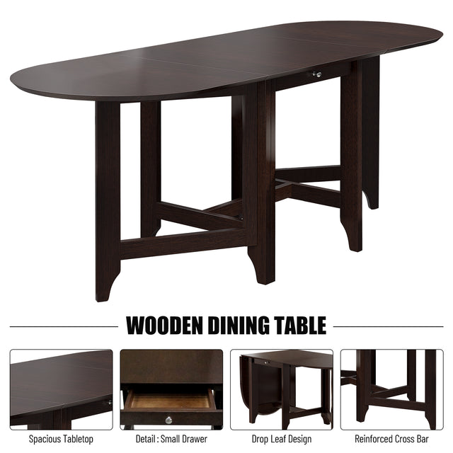 Retro Drop-Leaf Table Rustic Rubberwood Dining Table with Spacious Tabletop Small Drawer for Small Space Kitchen Dark Cappuccino