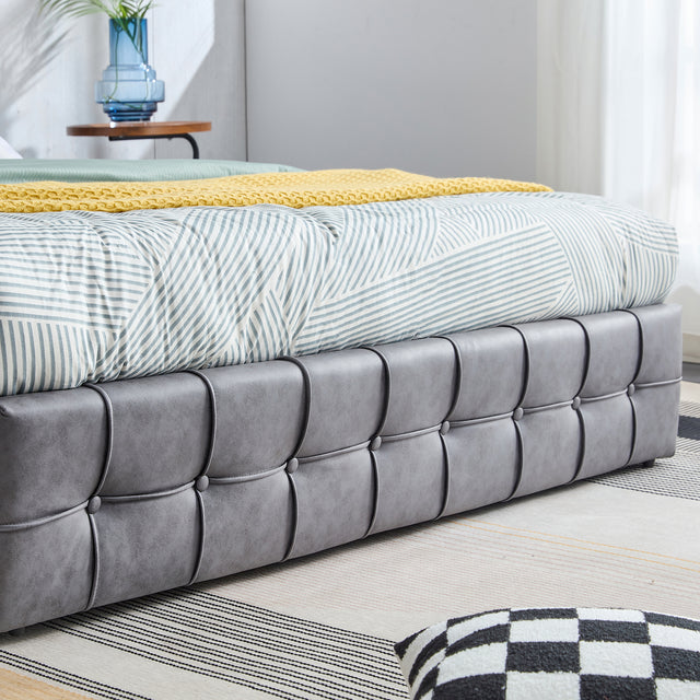 Hot Sale Queen Size Dark Grey Tech cloth Button Embedded Adjustable Headboard Height Upholstered Platform Bed Frame with Storage Drawers