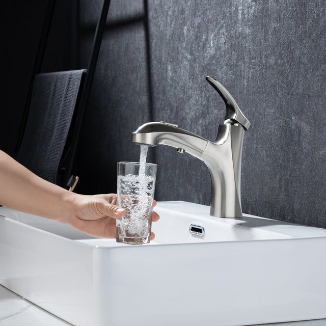 Pull Out Bathroom Faucet, Single Hole Bathroom Sink Faucet with 3 Modes Pull Down Sprayer, One Handle Modern Vanity Faucet, Farmhouse Lavatory Faucet