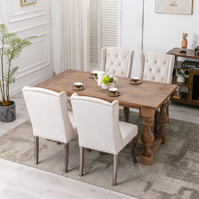 A&A Furniture,Wingback Dining Chair,Traditional Tufted Upholstered America Luxury Chairs, Country Cottage Farm Beach Dining Kitchen Vintage Style Side Chair, Velvet Fabric Wood, Set of 2,Beige