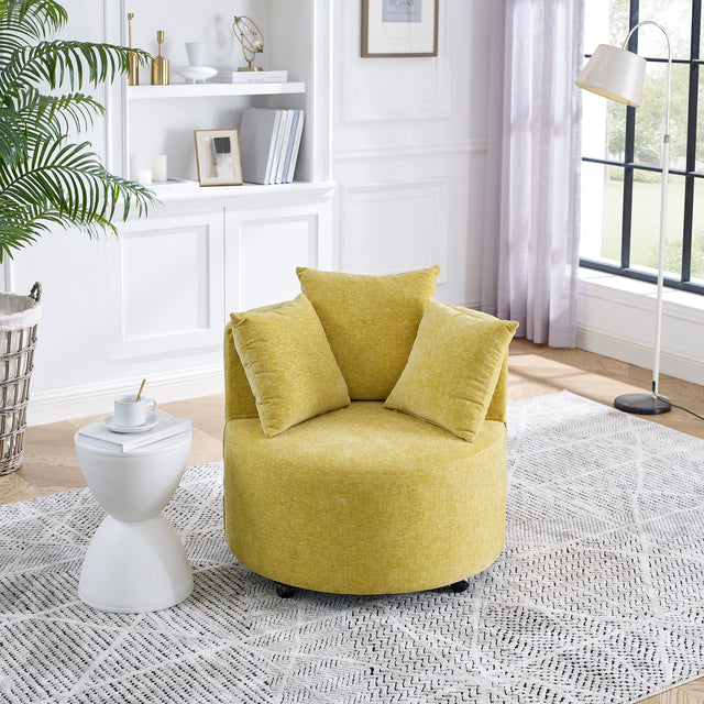 Modern Chenille Upholstered Swivel Backrest Chair for Living Room, with Movable Wheels, Including 3 Pillows, Yellow