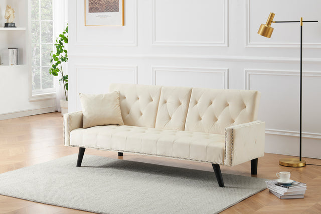 1730 Sofa Bed Armrest with Nail Head Trim with Two Cup Holders 72" Beige Velvet Sofa for Small Spaces