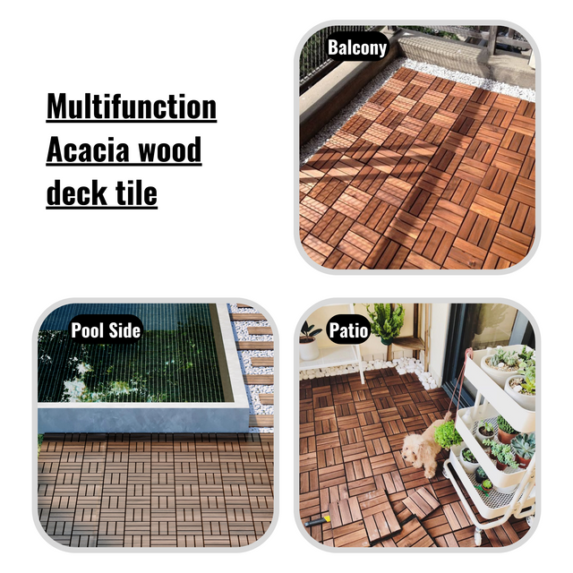 10 PCS Interlocking Deck Tiles Checker Pattern, 12" x 12" Square Acacia Hardwood Outdoor Flooring for Patio, Bancony, Pool Side,...