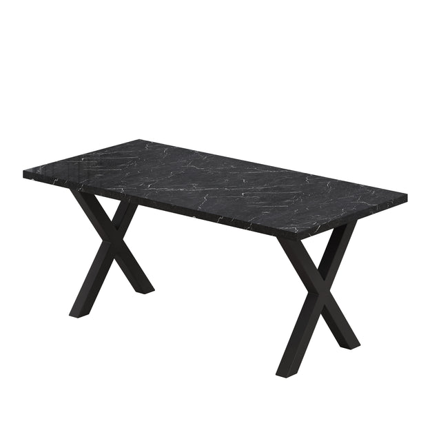 70.87"Modern Square Dining Table with Printed Black Marble Table Top+Black X-Shape Table Leg