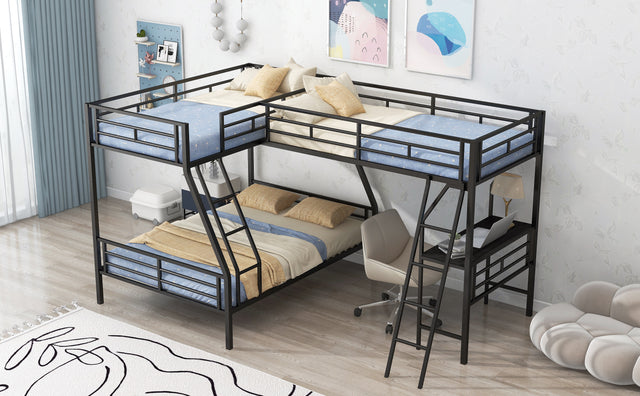 Twin over Full Bunk Bed with a Twin Size Loft Bed attached, with a Desk, Metal, Black