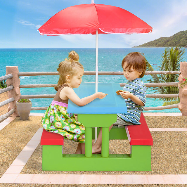 Kid Outdoor Picnic Table Set with Removable and Foldable Umbrella, Junior Activity Play Table with Bench, Multicolor