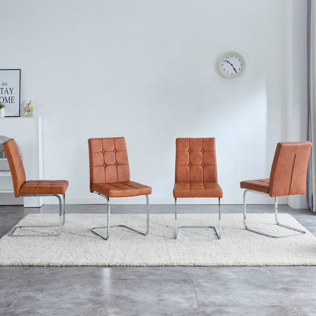 Glass Dining Table, Dining Chair set, 4 Brown Embedded Button Dining Chairs and 1 Dining Table .Table Size 51" W x 31"D x 30" H