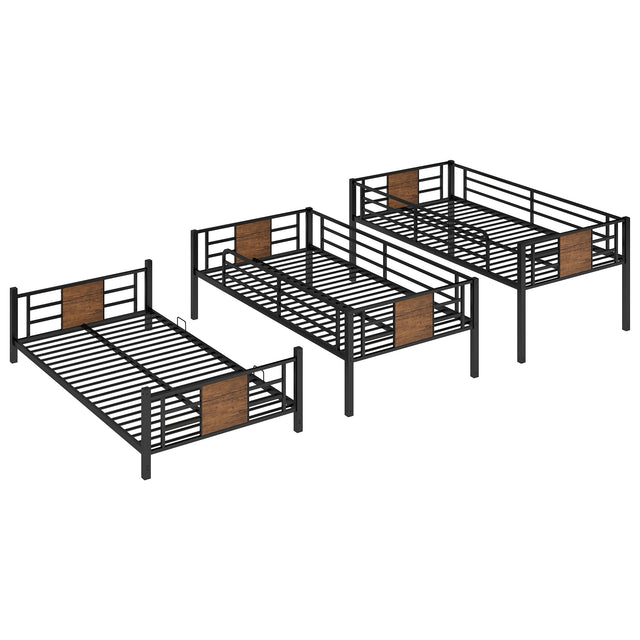 Twin Size Triple Metal Bunk Bed, with Wood Decoration Headboard and Footboard, Brown