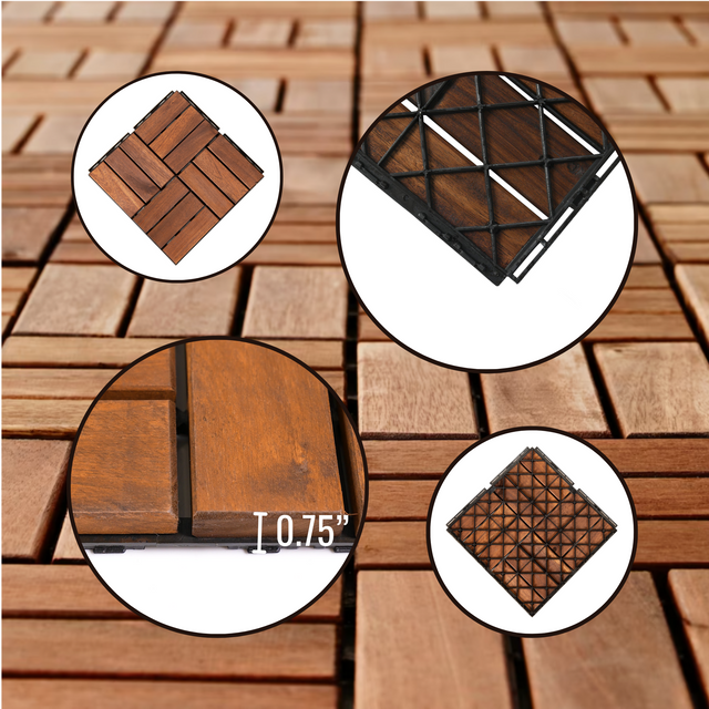 10 PCS Interlocking Deck Tiles Checker Pattern, 12" x 12" Square Acacia Hardwood Outdoor Flooring for Patio, Bancony, Pool Side,...