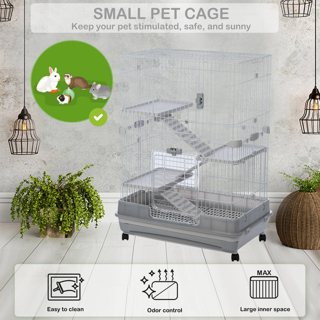 4-Tier 32"Small Animal Metal Cage Height Adjustable with Lockable Casters Grilles Pull-out Tray for Rabbit Chinchilla Ferret Bunny Guinea Pig Squirrel Hedgehog(GREY)(=OLD SKU:W69133215)