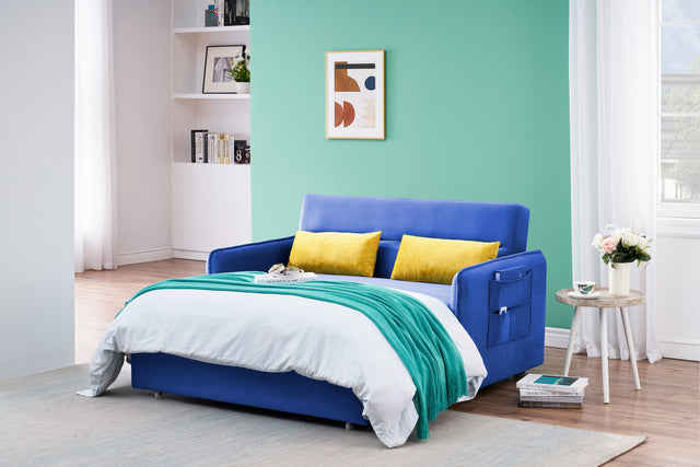 2120 Sofa Pull Out Bed Included Two Pillows 54" Blue Velvet Sofa for Small Spaces