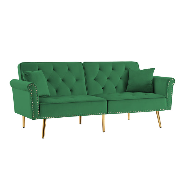Modern Velvet Tufted Sofa Couch with 2 Pillows and Nailhead Trim, Loveseat Sofa Futon Sofa Bed with Metal Legs for Living Room.