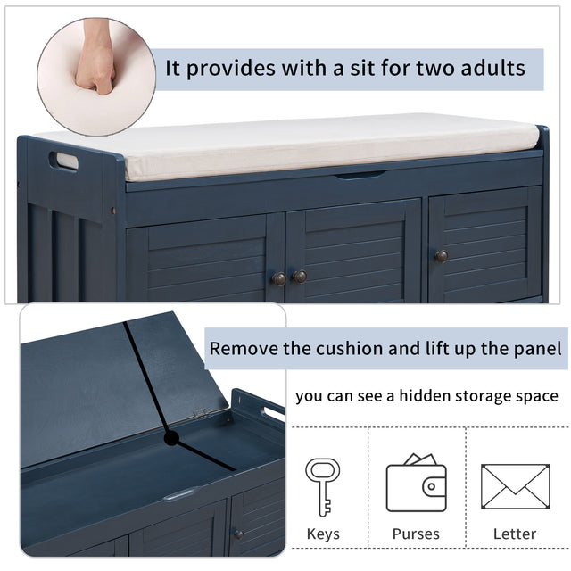 TREXM Storage Bench with 3 Shutter-shaped Doors, Shoe Bench with Removable Cushion and Hidden Storage Space (Antique Navy)
