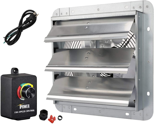 iPower 10 Inch Shutter Exhaust Fan Aluminum Controller and Power Cord Kit,High Speed 1650RPM, 820CFM, 1-Pack, Silver