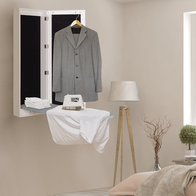 Wall-Mounted Ironing Board Cabinet, Foldable Ironing Storage Station for Home, Apartment & Small Spaces, Easy-Release Lever, with Mirror Door, White
