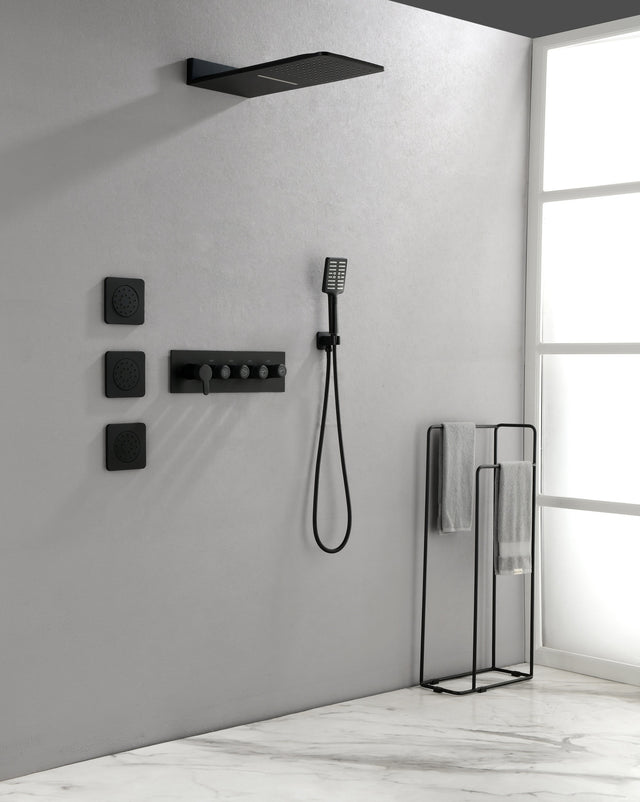 Wall Mounted Waterfall Rain Shower System With 3 Body Sprays & Handheld Shower