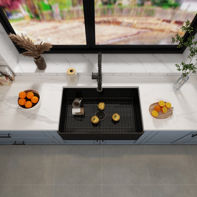 Matt Black Fireclay Farmhouse Kitchen Sink 33 inch Single Bowl Apron Sink with Bottom Grid in & Drain , Black Color