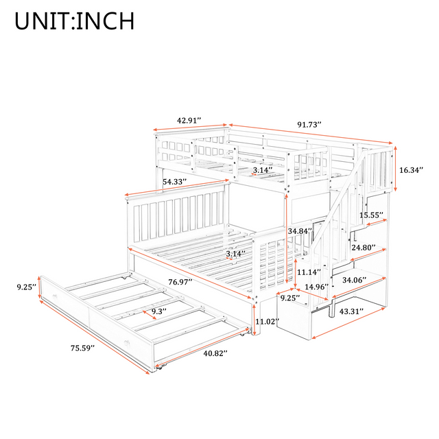 Stairway Twin-Over-Full Bunk Bed with Twin size Trundle, Storage and Guard Rail for Bedroom, Dorm, for Adults, Espresso (OLD SKU :LP000119AAP)