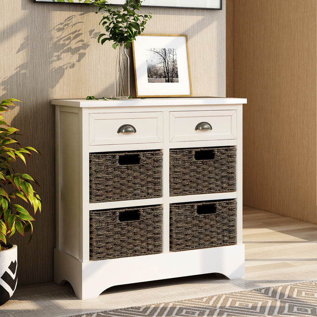 TREXM Rustic Storage Cabinet with Two Drawers and Four Classic Rattan Basket for Dining Room/Living Room (White)