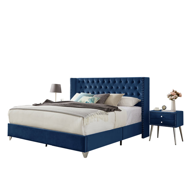 B100S King bed with two nightstands, Button designed Headboard, strong wooden slats + metal legs with Electroplate