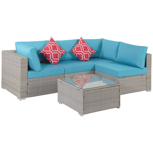 Outdoor Garden Patio Furniture 5-Piece PE Rattan Wicker Cushioned Sofa Sets with 2 Pillows and Coffee, outdoor couch;outdoor sectional;porch furniture;patio couch;outdoor sofa;patio furniture set