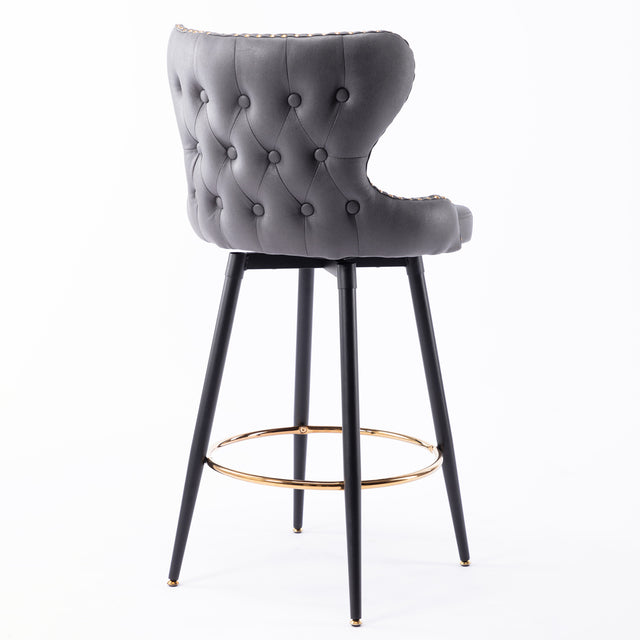 A&A Furniture,29" Modern Leathaire Fabric bar chairs,180° Swivel Bar Stool Chair for Kitchen,Tufted Gold Nailhead Trim Gold Decoration Bar Stools with Metal Legs,Set of 2 (Dark Gray)
