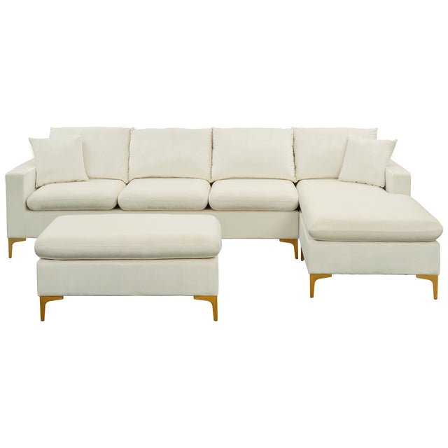 【EAT 3.10】110.6" Sectional Sofa with Ottoman, L-Shape Elegant Velvet Upholstered Couch with 2 Pillows for Living Room Apartment,Cream White