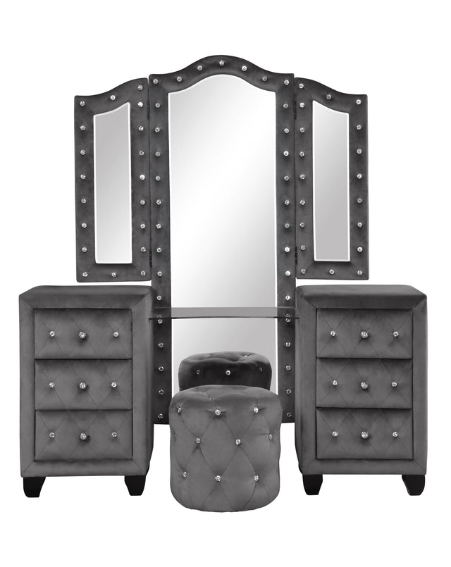 Sophia Full 5 Pc Vanity Upholstery Bedroom Set Made With Wood in Gray