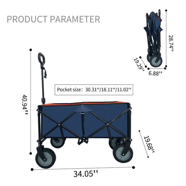 Collapsible Folding Wagon, Push Pull Foldable Beach Wagon Cart