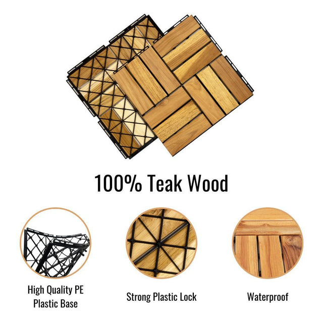 12" x 12" Square Teak Wood Interlocking Flooring Tiles Checker Pattern Pack of 10 Tiles