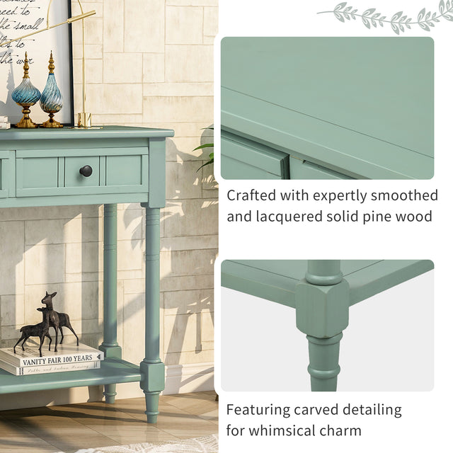 TREXM Daisy Series Console Table Traditional Design with Two Drawers and Bottom Shelf Acacia Mangium (Retro blue)