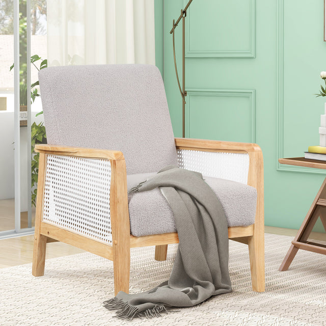 【EAT 3.10】Mid-Century Armchair Rattan Mesh Upholstered Accent Chair,Teddy Short Plush Particle Velvet Armchair for Living Room,Bedroom, Office, Studio,Grey