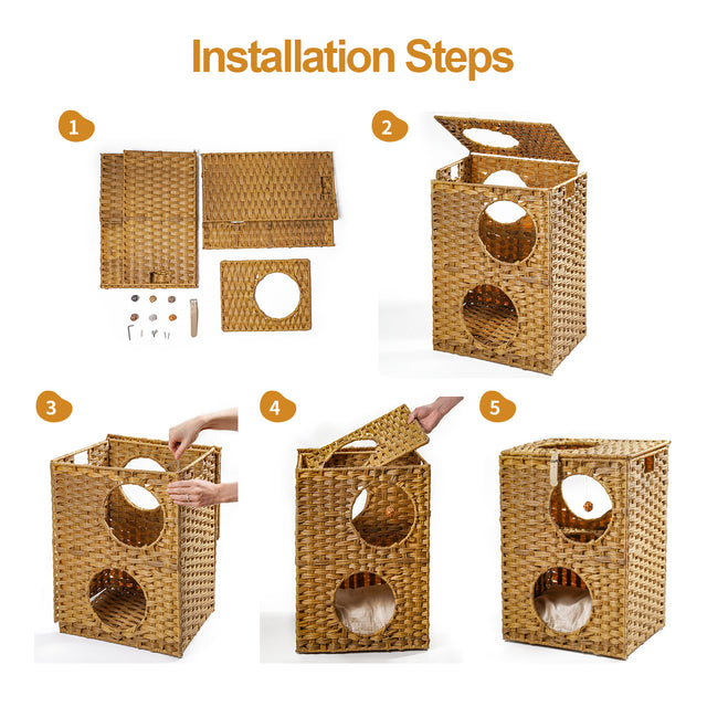Rattan Cat Litter,Cat Bed with Rattan Ball and Cushion,Brown