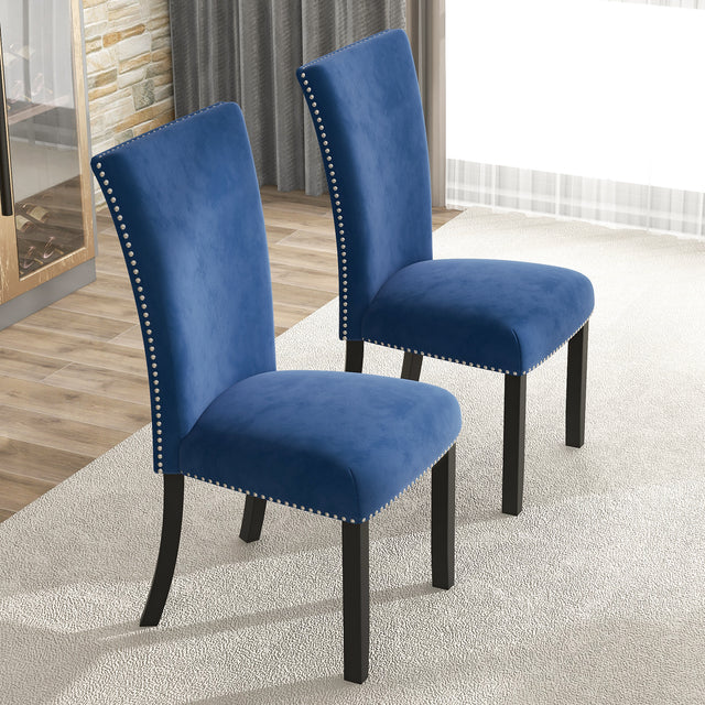 Set of 2 Dining Chairs, Velvet-upholstered Chairs with Nailhead-trimmed, Rubber Wood Legs , Blue, size: 19.75” W x26.5” D x40.75”H