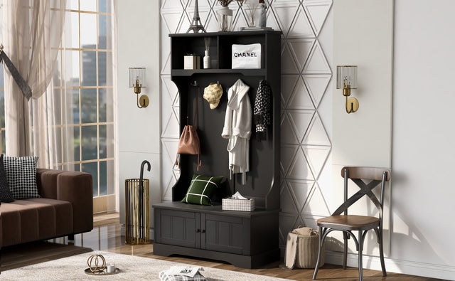 ON-TREND Hall Tree Entryway Bench with Shelves Cabinet and Four Hooks, 3-in-1 Design, Black