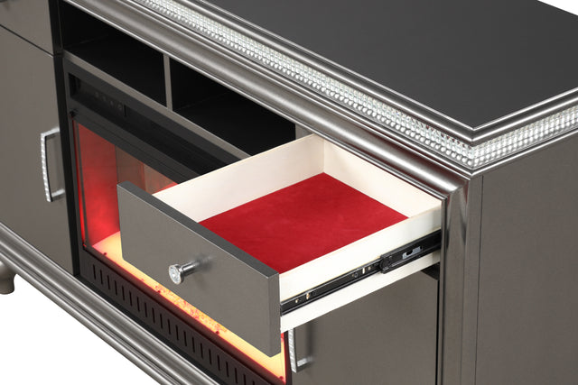 Ginger TV Stand With Electric Fireplace in Gun Metal