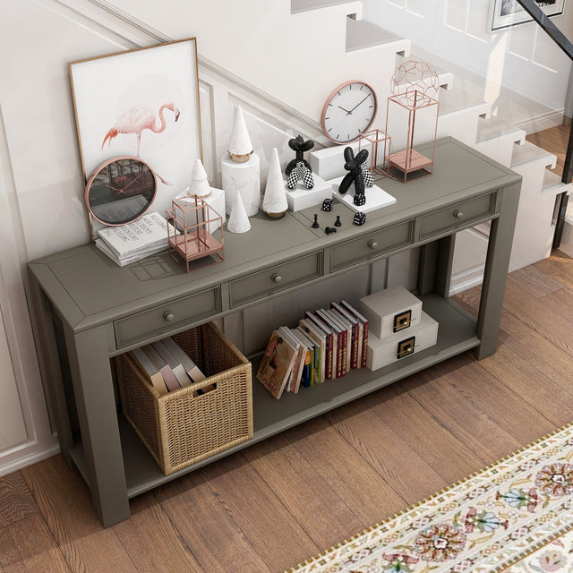 TREXM Console Table for Entryway Hallway Sofa Table with Storage Drawers and Bottom Shelf (Khaki)