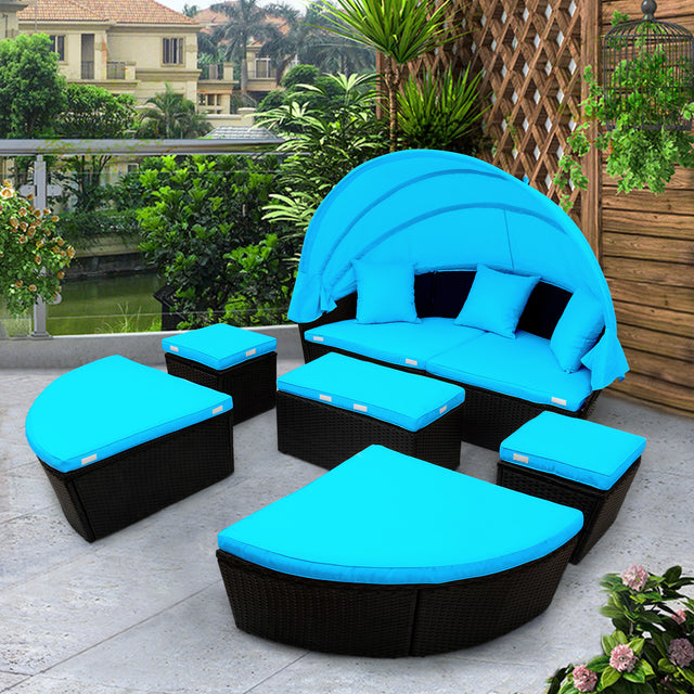 Outdoor rattan daybed sunbed with Retractable Canopy Wicker Furniture, Round Outdoor Sectional Sofa Set, black Wicker Furniture Clamshell Seating with Washable Cushions, Backyard, Porch, Blue.