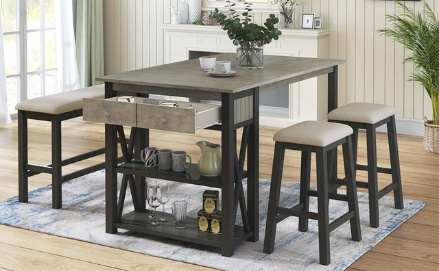 TOPMAX Rustic Wood 4-Piece Counter Height Dining Table Set with Storage Shelves and Drawer, Kitchen Table Set with 2 Stools and Bench, Gray