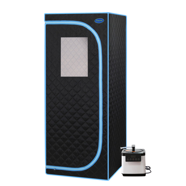 Portable Plus Type Full Size Steam Sauna tent. Spa, Detox ,Therapy and Relaxation at home.Larger Space,Stainless Steel Pipes Connector Easy to Install, with FCC Certification--Black(Blue binding)