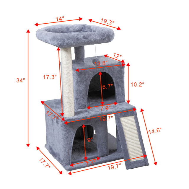 Double-layer cat Tree with cat house and ladder - light gray
