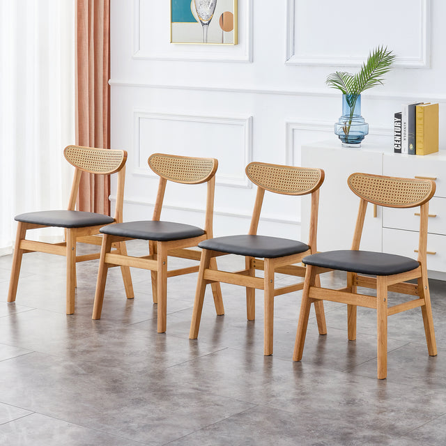 Solid Wood Dining Chair Stylish and Durable Small with Curved Backrest, PU+Foam Cushion, and Plastic Rattan Surface - Perfect for Any Room Décor and Daily Use