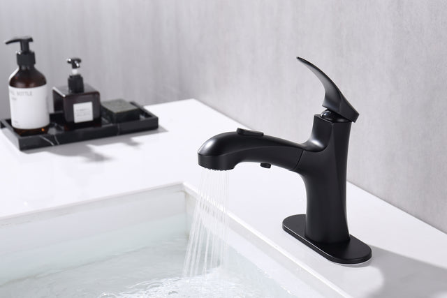 Pull Out Bathroom Faucet, Single Hole Bathroom Sink Faucet with 3 Modes Pull Down Sprayer, One Handle Modern Vanity Faucet, Farmhouse Lavatory Faucet