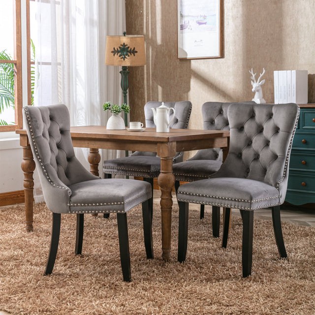 A&A Furniture,Nikki Collection Modern, High-end Tufted Solid Wood Contemporary Velvet Upholstered Dining Chair with Wood Legs Nailhead Trim  2-Pcs Set,Gray,1901GY