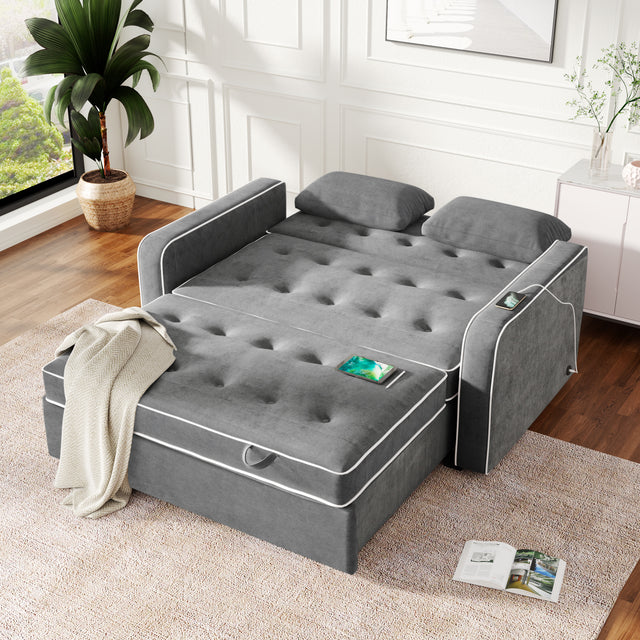 65.7" Linen Upholstered Sleeper , Pull Out Sofa Couch attached two throw pillows,Dual USB Charging Port and Adjustable Backrest for Living Room Space,Charcoal Gray