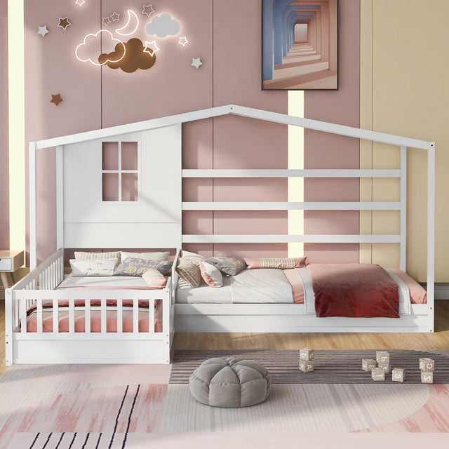 Wood House Bed Twin Size, 2 Twin Solid Bed L structure with fence and slatted frame (White)