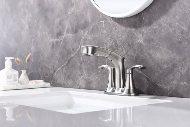 Bathroom Faucets for Sink 3 Hole,Brushed Nickel Bathroom Faucet with Pull Out Multi Functional Sprayer,Vanity Sink Faucet 2 Handle Centerset 4 inch Pull Down Faucet with 2 Water Lines,RV Camper Faucet