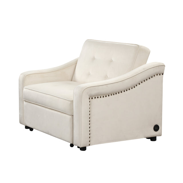 50.6" Convertible Sleeper Bed, Adjustable Sofa Couch with Dual USB Ports for Living Room Space,Cream White
